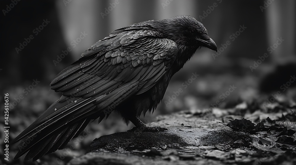 Naklejka premium Raven perched on rock, forest backdrop