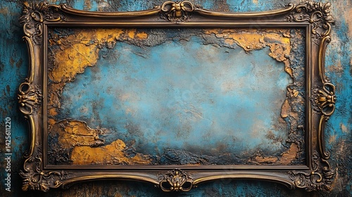 Ornate Frame with Gold, Blue Grunge, and Antique Wall.