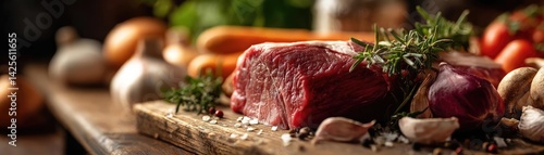 Panorama of fresh pet food featuring fresh beef fodder concept. Fresh raw meat with herbs and vegetables on a wooden board.