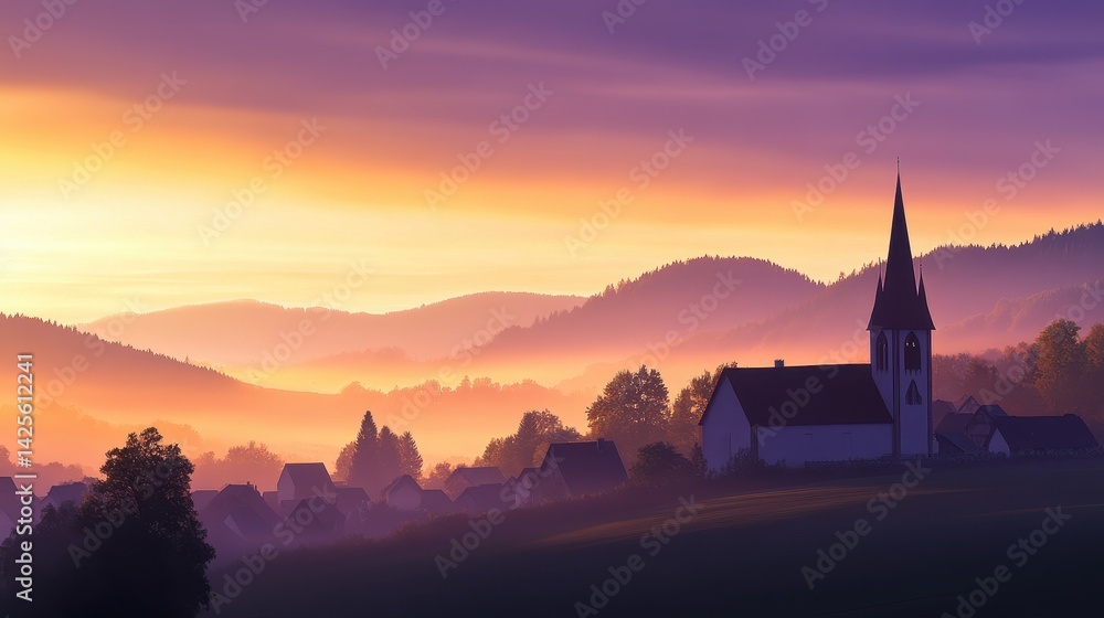 Fototapeta premium Serene Sunset Over a Quaint Village with a Church Steeple and Rolling Hills in the Background