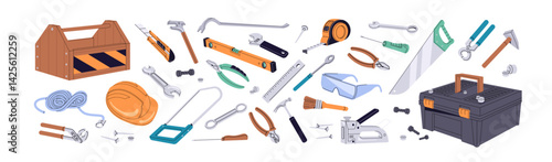 Set of toolkit items. Different work tools: hammer, pliers, saw, spanner. Construction instruments, toolbox kit for building, home maintenance. Flat isolated vector illustrations on white background