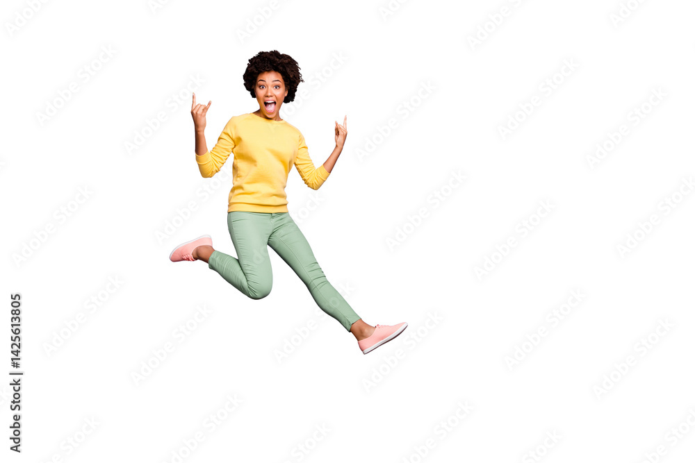 Lets rock! Full size photo of cheerful crazy mulatto girl fool on autumn spring holiday show horns true rocker sign wear yellow pullover green pants trousers isolated purple violet color background Lets rock! Full size photo of cheerful crazy mulatto girl fool on autumn spring holiday show horns true rocker sign wear yellow pullover green pants trousers isolated purple violet color background