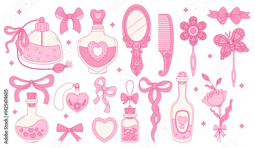 Vintage Pink Coquette Beauty set. Magic Elixir, Bottle Perfume, Ribbon Bow, Mirror, Comb, Flower, Pendant, Heart and Hair Clip. Romantic Girly Vibe. Vector Isolated Trendy Aesthetic Element Accessory