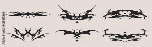 Neo tribal tattoo set - black symmetric decorative ethnic graphic elements collection. Stylized thorny patterns, swirling pointed shapes, ornamental abstracted designs for body art inspiration.