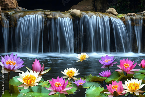 Fototapeta Naklejka Na Ścianę i Meble -  Serene waterfall cascading over lotus blossoms in a tranquil garden.