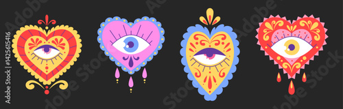 Mexican sacred hearts set with open eye symbol - colorful yellow, pink and red love symbol shapes decorated by ornate floral patterns. Mystical vector design elements for spiritual projects.