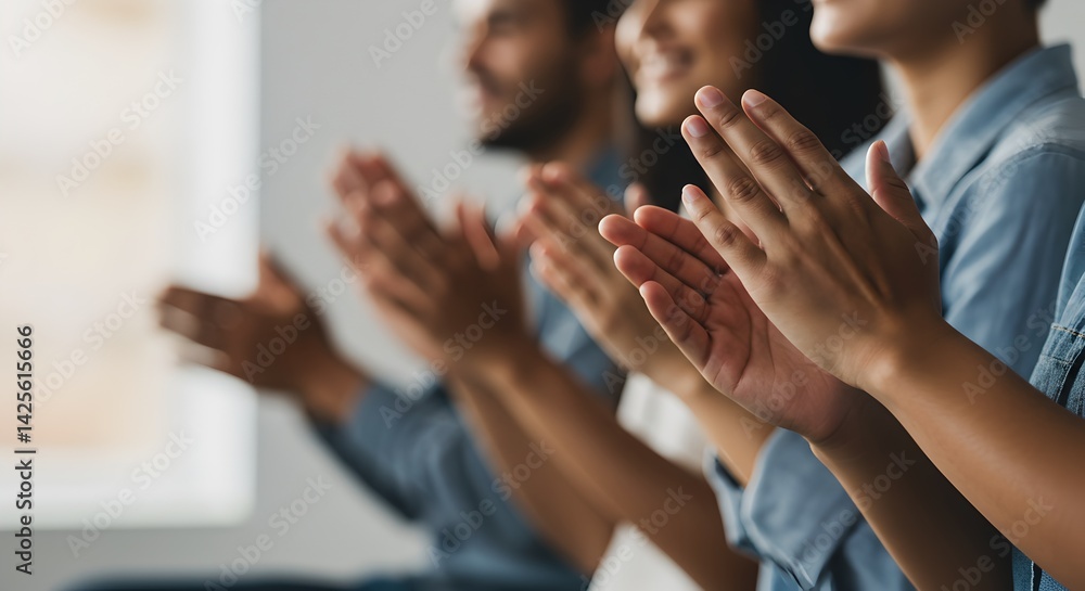 Obraz premium An expressive gesture of applause captures gratitude and motivation. Claps symbolizes achievement, unity, and support, celebration in both business and personal settings. Hands in selective focus