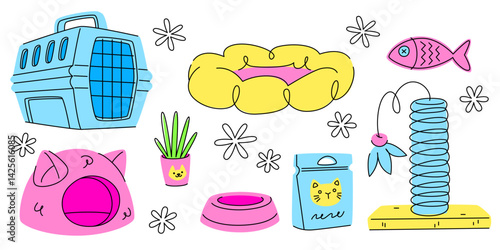 Petshop goods hand drawn vector set - pet cage, animal bowl and grass, cute pink bed and spring toy, cat food packaging. Doodle illustrations for zoo shop, veterinary clinic or animal care design.