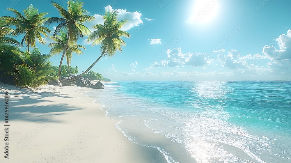 Tropical paradise beach scene under a bright sun. Tropical paradise beach scene under a bright sun.