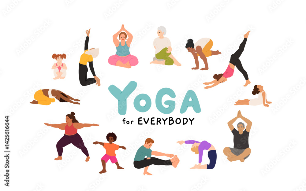 People doing yoga flat vector illustrations set. Male and female cartoon characters exercising. Diverse Men and women practicing Asana. Senior yoga. Physical activity, workout People doing yoga flat vector illustrations set. Male and female cartoon characters exercising. Diverse Men and women practicing Asana. Senior yoga. Physical activity, workout
