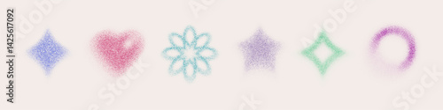 Noise colorful shape icons - heart and flower, star and circle. Y2k abstract style symbols for retro design. Grungy speckled gradient dusty textures form decorative vintage design colorful elements.