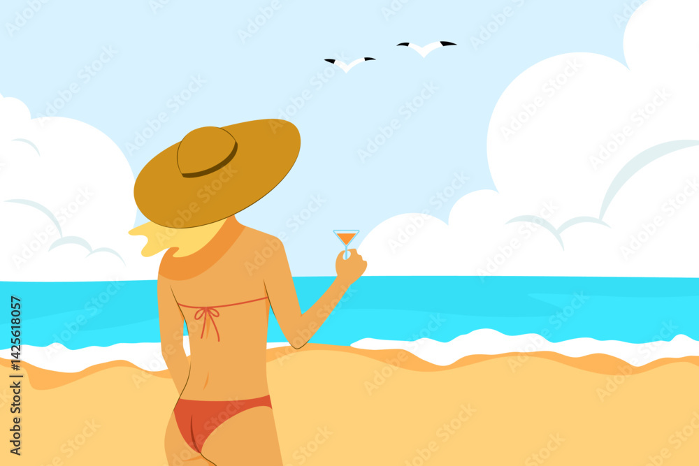 A vector illustration of a woman in a red bikini and wide-brimmed hat standing on a sunny beach, enjoying a cocktail while looking at the ocean. Seagulls fly in the sky. A vector illustration of a woman in a red bikini and wide-brimmed hat standing on a sunny beach, enjoying a cocktail while looking at the ocean. Seagulls fly in the sky.