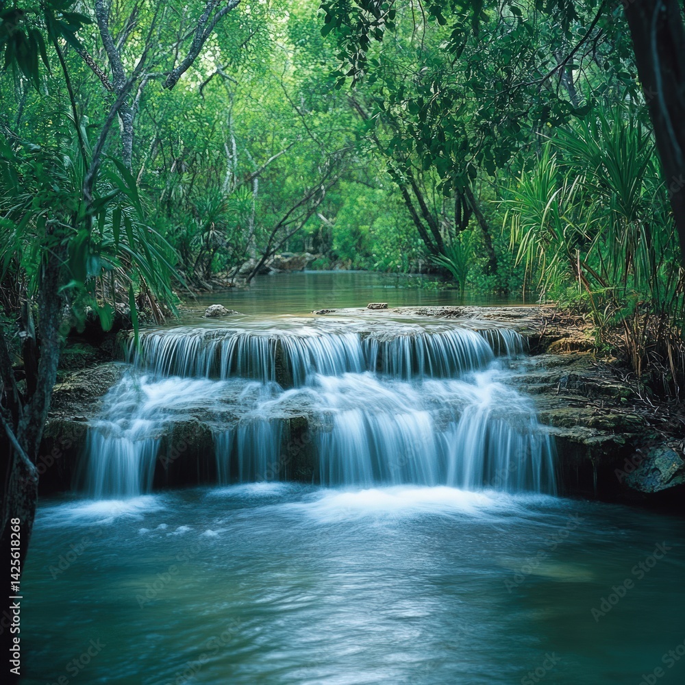 Serene Waterfall cascading through lush green jungle Serene Waterfall cascading through lush green jungle