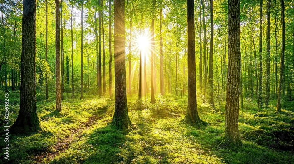 Obraz premium Sunbeams Dancing Through a Lush Green Forest