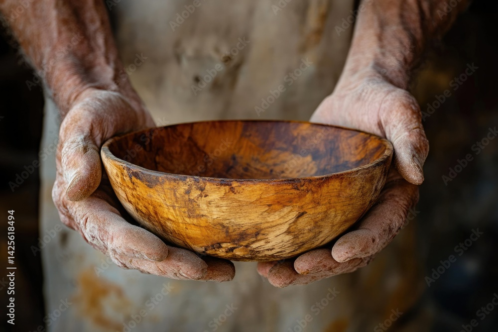 Aged hands gently hold a rustic, wooden bowl, conveying a sense of humility and simple living.