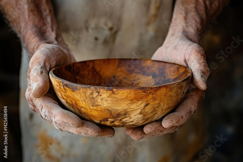 Obraz na płótnie Aged hands gently hold a rustic, wooden bowl, conveying a sense of humility and simple living. w salonie