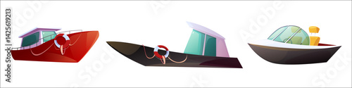 Motorboat speedboat vector set, cartoon water transport. Red cabin cruiser, black sports boat, colorful yacht. Lifebuoy decoration, stylized portholes and sleek futuristic shapes for summer recreation