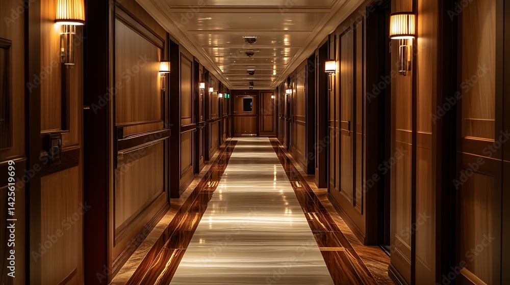 Walking Through Hallway with Wood Walls and Marble Flooring Walking Through Hallway with Wood Walls and Marble Flooring
