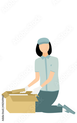 Simple illustration of a worker woman wearing a hat putting a package in a cardboard box