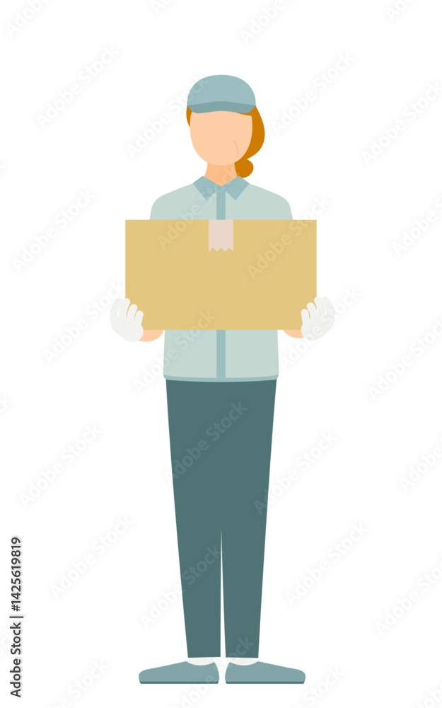 Obraz premium Simple illustration of a senior worker woman in a cap holding a cardboard box
