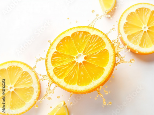 Dynamic citrus composition with cut fruit and juice splashes, orange