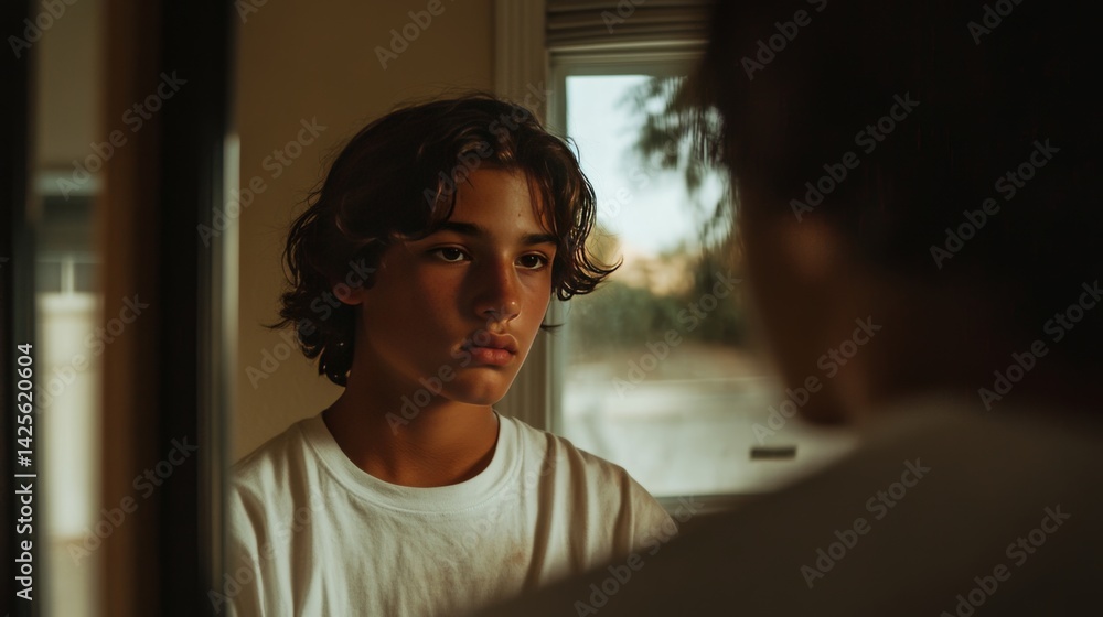 Fototapeta premium A teenager looking in a mirror, questioning identity and self-concept through social reflection, symbolic layers of thoughts,