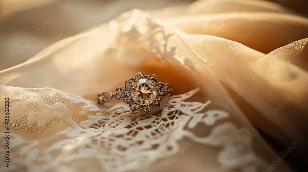 Obraz premium A vintage diamond brooch placed on a lace fabric, evoking a sense of antique style,