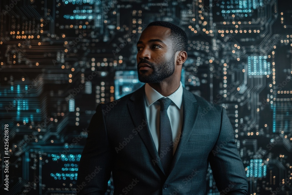 A confident businessman stands before a futuristic digital background, symbolizing technological leadership and innovation. A confident businessman stands before a futuristic digital background, symbolizing technological leadership and innovation.