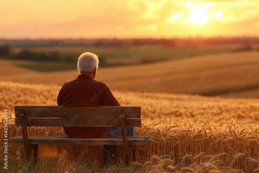 Elderly man sits on a bench, contemplating a golden wheat field at sunset.