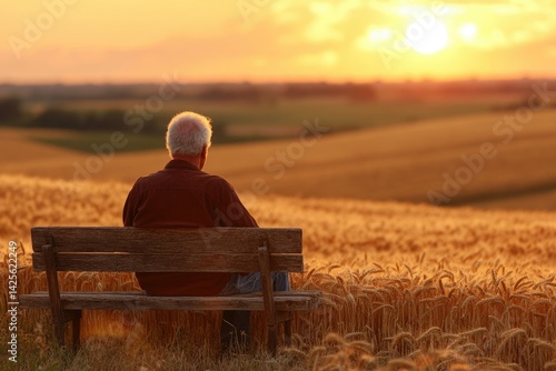 Obraz na płótnie Elderly man sits on a bench, contemplating a golden wheat field at sunset. w salonie