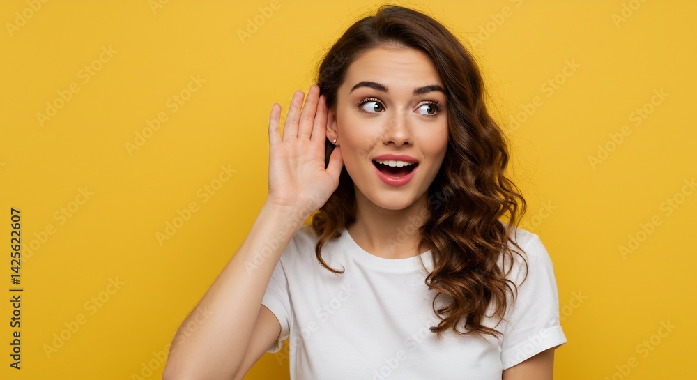 Fototapeta premium Curious Young Woman with Brown Curly Hair Listening Intently, Hand to Ear, Yellow Background