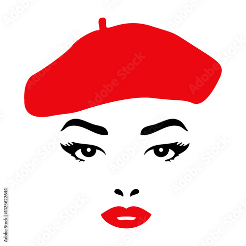 Logo glamour. Silueta de boina elegante para mujer con rostro femenino. Boina con ojos y labios de mujer	