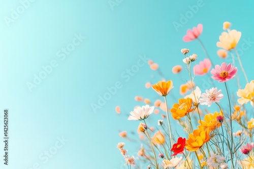Colorful wildflowers bloom under clear blue sky in bright natural light