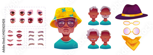 Grandfather face constructor kit. Cartoon elderly man character creation set with facial features - eyes and lips, hair and accessories. Elements to build custom grandpa avatar with different emotion.