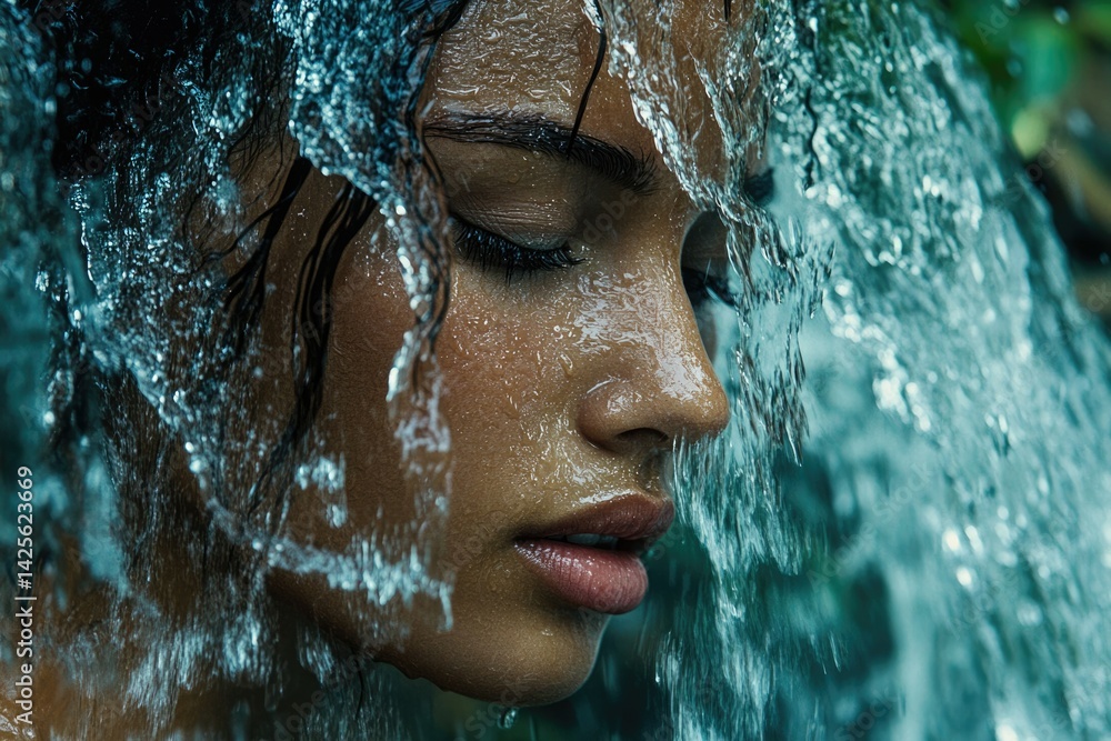 Fototapeta premium A woman's face is drenched in cascading water, eyes closed, serene expression.