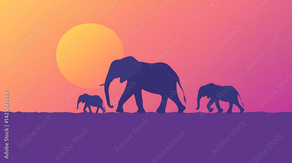 Fototapeta premium Elephant Family Sunset Silhouette. (1)