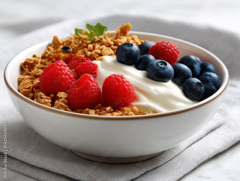 Bowl of granola with berries isolated on white background