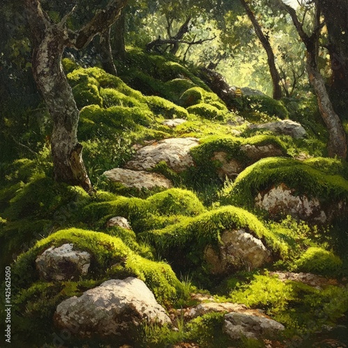 Moss-covered path through sunlit forest