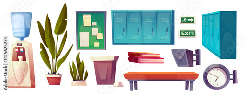 School corridor interior set - student lockers, exit with arrow sign and clock, water dispenser and flowers in pots, bulletin board and bench. Hallway indoor furniture and equipment collection.