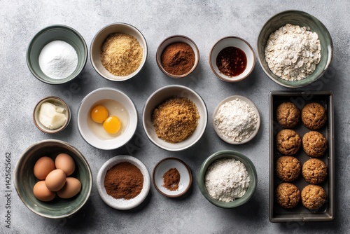 A baking process sequence from raw ingredients measured in bowls to finished cookies cooling on a tray