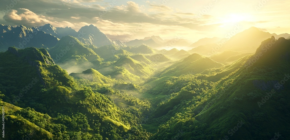 Naklejka premium A beautiful view of the green mountains in Thailand, with rolling hills, a stunning sunrise, and golden light. The image is photo-realistic and high-resolution.