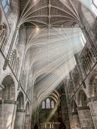 Obraz na płótnie The vaulted ceiling of Hereford Cathedral, Herefordshire, England UK. The sun beams are visible in the incense smoke of the Easter Sunday morning service. w salonie