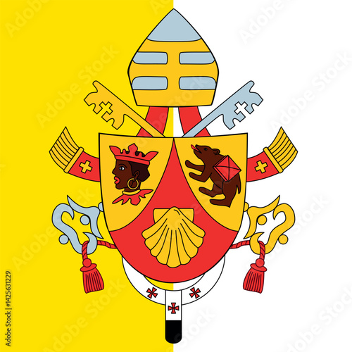 Coat of arms of Pope Benedict XVI, Bishop of Rome, 2005-2013, on the background of the flag of the Holy See