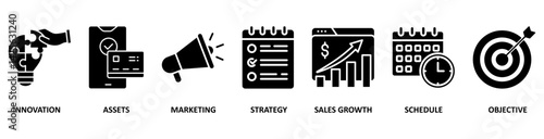 Business plan icon set vector illustration concept with icon of innovation, assets, marketing, strategy, sales growth, schedule, and objective