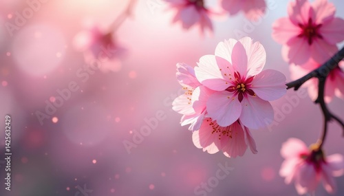 Delicate pink sakura blossoms, soft petals, flowing branches, pastel design, romantic design