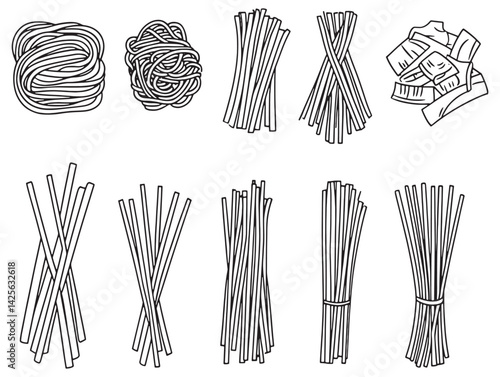Simple Line Art of Soba Noodles in Bowl