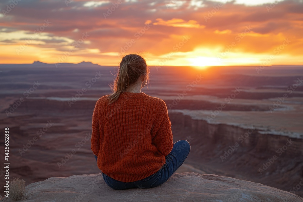 Woman meditates on a cliff edge, watching a breathtaking sunset over a vast desert landscape. Woman meditates on a cliff edge, watching a breathtaking sunset over a vast desert landscape.