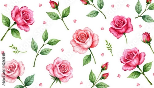 Delicate watercolor roses, leaves & buds, repeat pattern , soft, seamless background