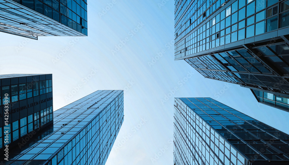 Fototapeta premium Modern skyscrapers viewed from below against a clear sky 