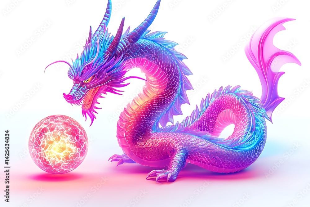 Obraz premium 3D Neon Dragon Coiling Around a Glowing Orb